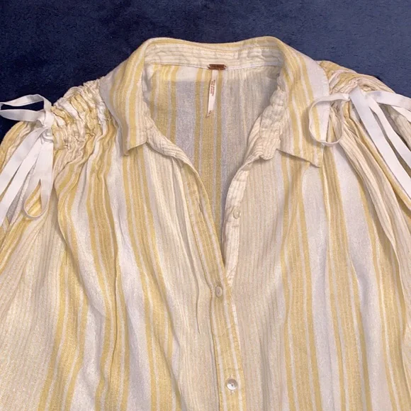 Free People Yellow and White Striped Cinched Shoulder Collared Button Down Top - Picture 5 of 9
